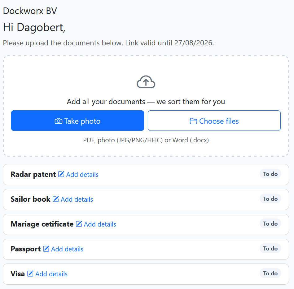 Upload page a crew member sees after receiving a document request link, with requested documents and a take-photo option